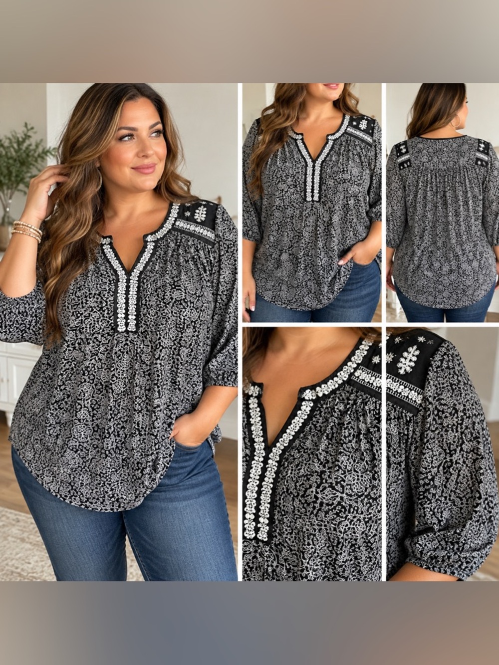 Lucky Brand 1X Black & White Boho Embroidered Blouse